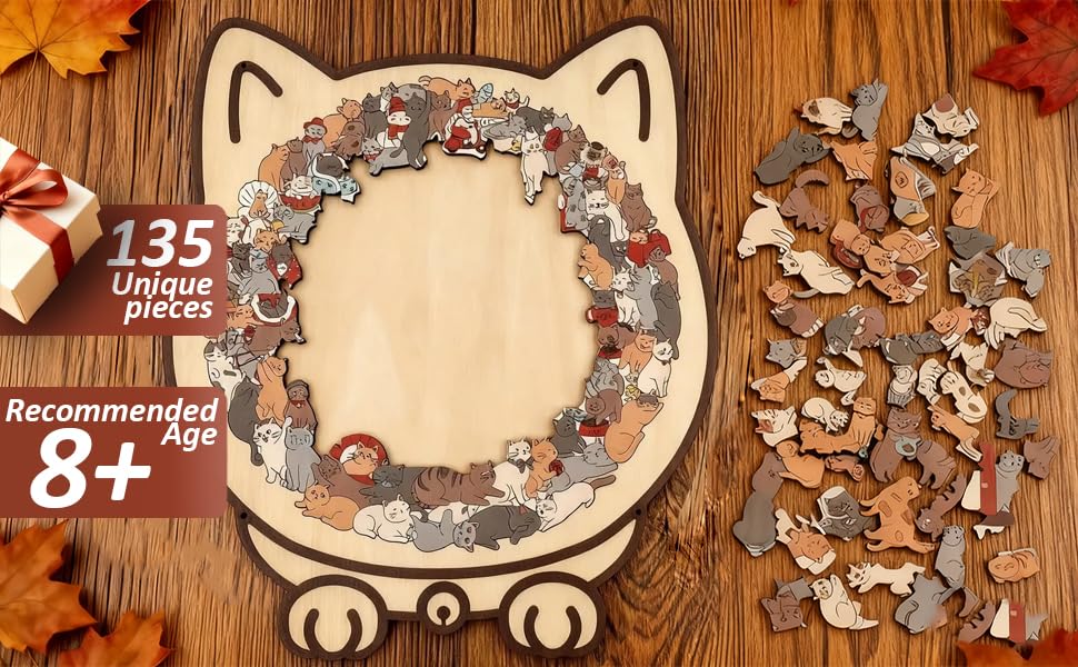 Family playing with cat-shaped wooden puzzle, a collaborative learning activity.