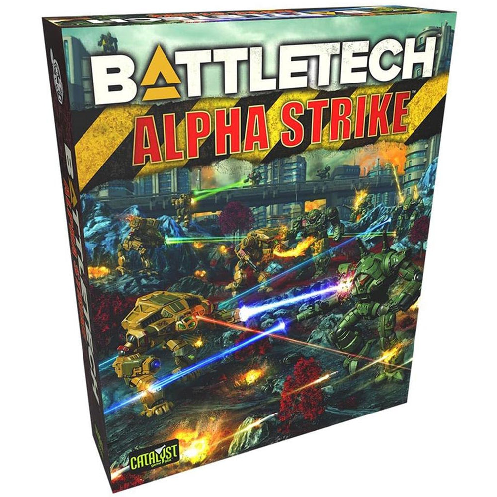 Catalyst BattleTech Alpha Strike box set displayed, ideal for quick-start sci-fi battles.