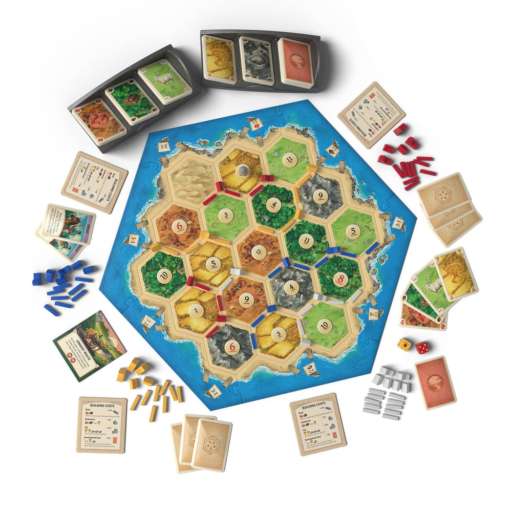 CATAN resource cards and wooden pieces displayed, highlights clear components for trading