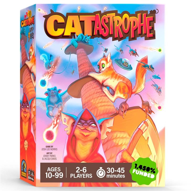CATastrophe game box and dice setup for quick family play sessions.
