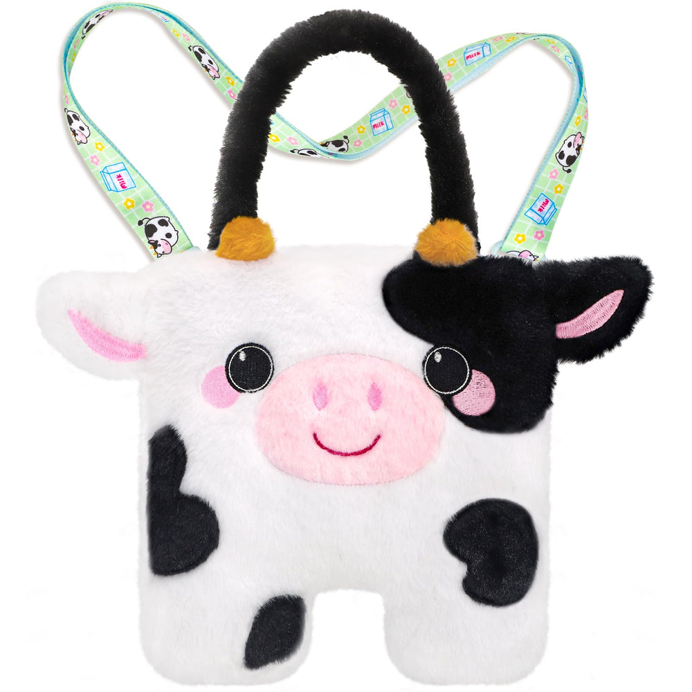 CatchCute cow plush bag front view, ideal for toy storage on the go