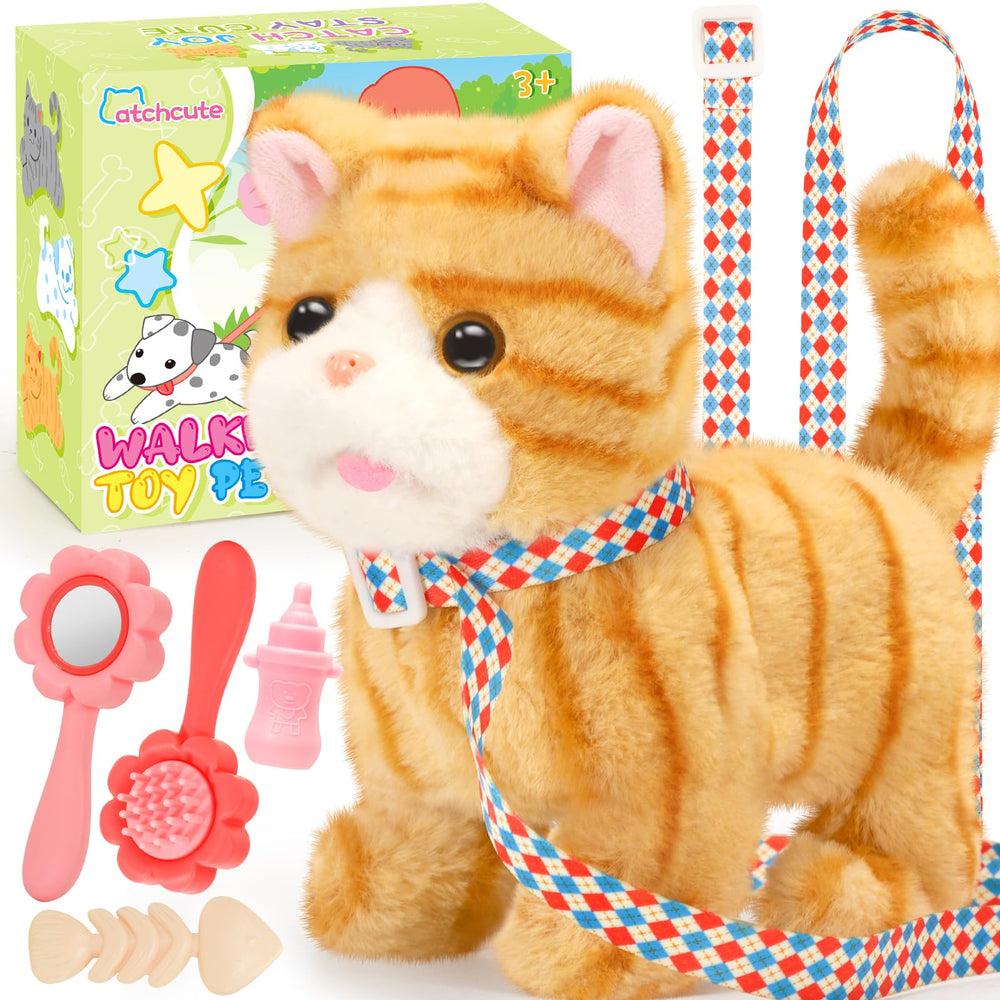 CatchCute plush cat with leash for outdoor imaginative play.