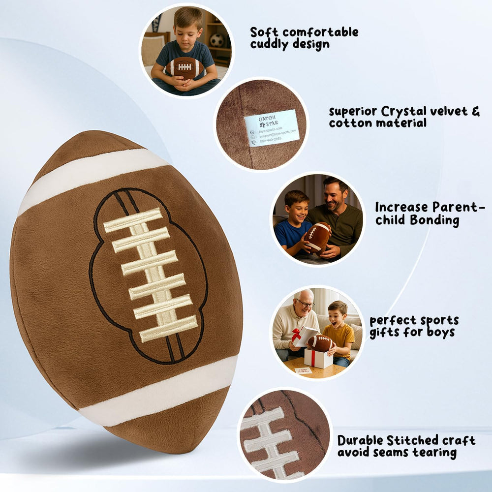 CatchStar football plush pillow back view, showing durable stitching