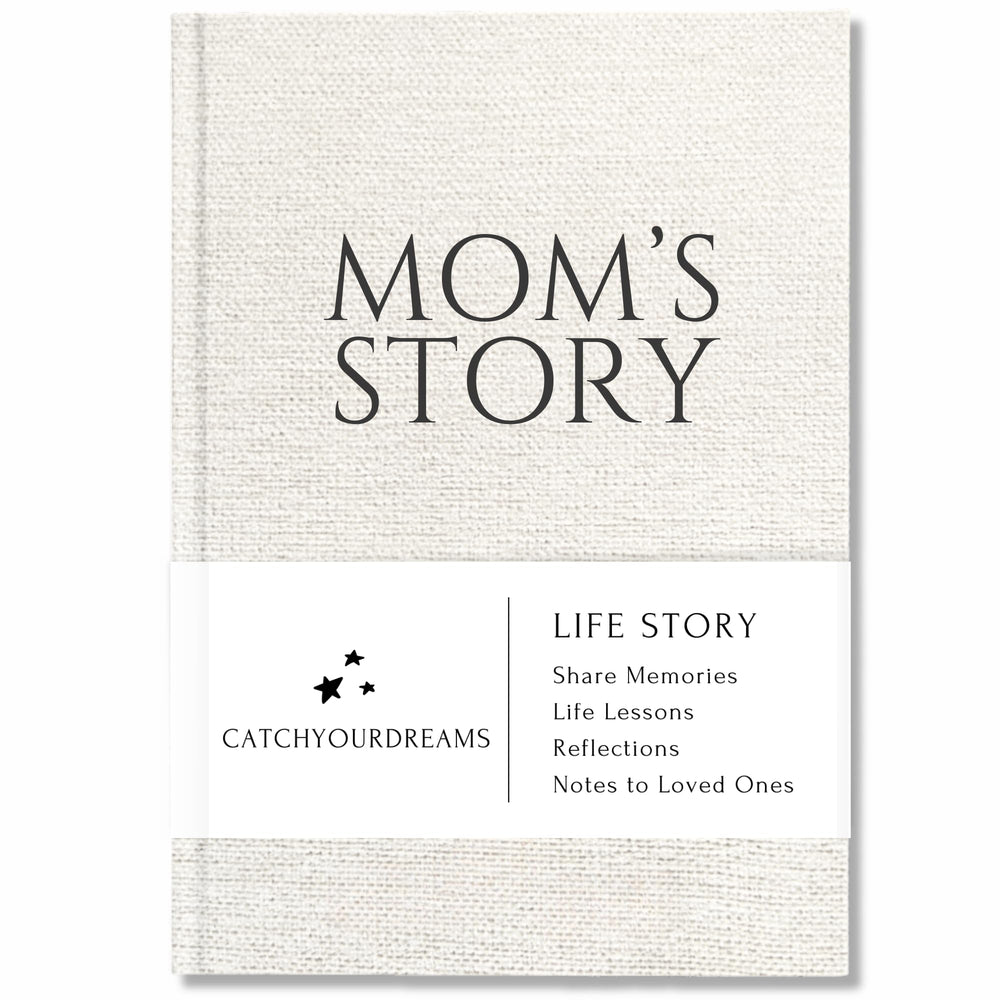CATCHYOURDREAMS Mom's Story Journal cover close-up with linen texture—premium feel.