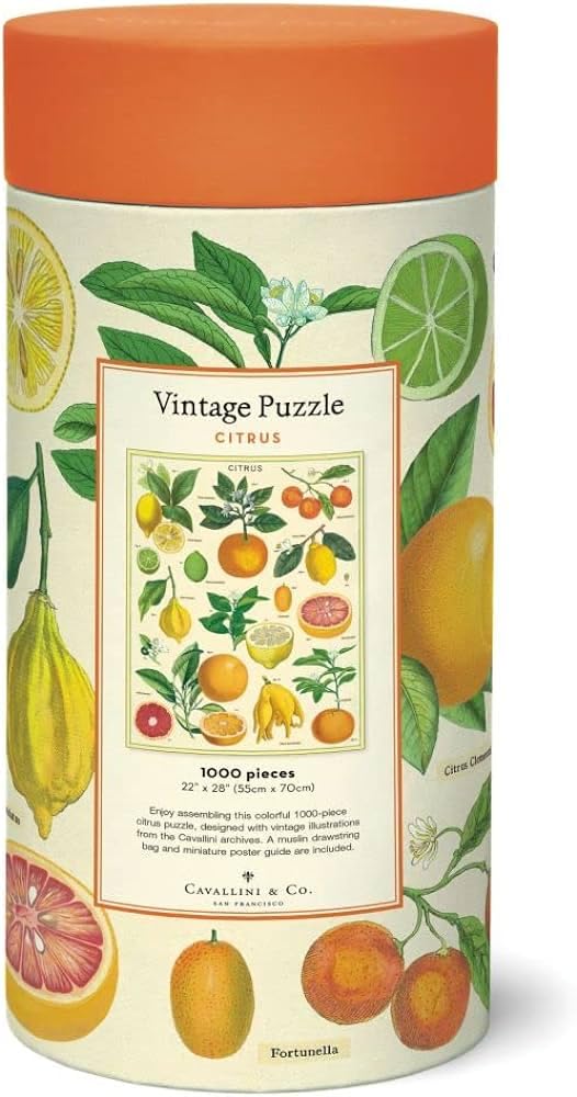 Cavallini & Co citrus puzzle packaging tube features vintage design for gifting or display.