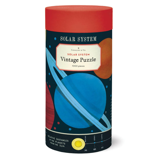 Cavallini & Co Solar System puzzle packaging showcases vintage imagery for collectors.