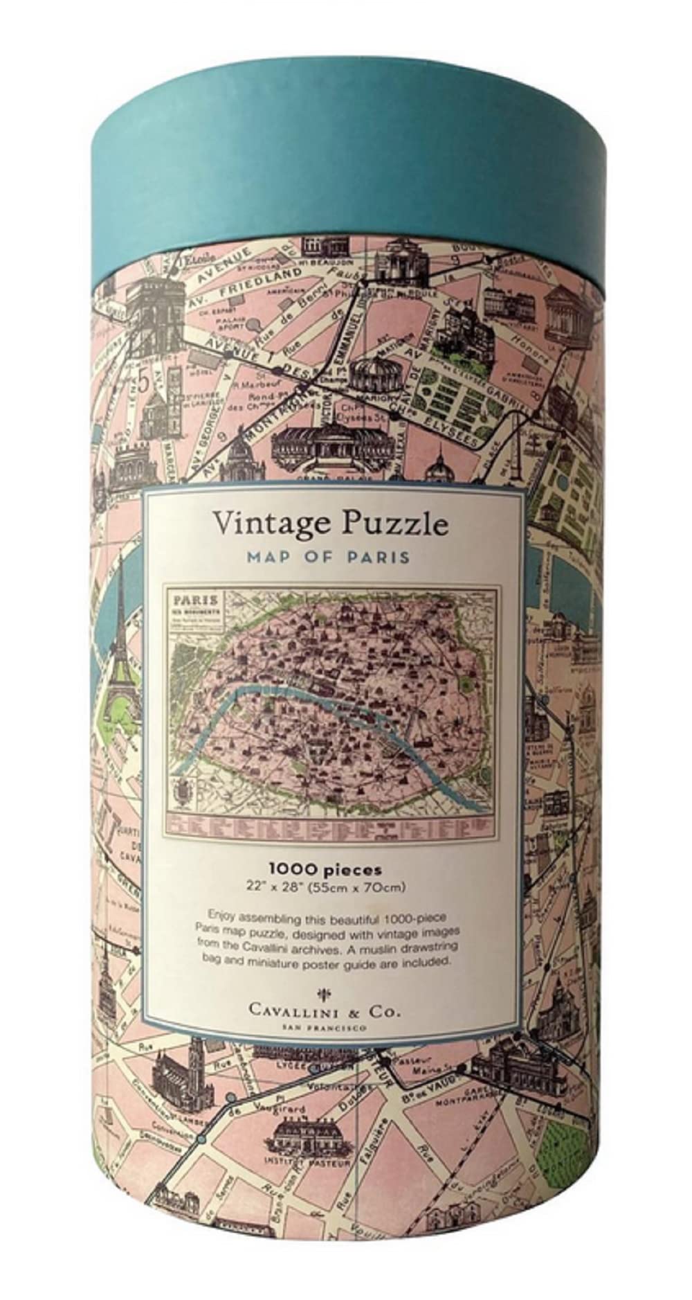 Sturdy tube packaging for Cavallini Paris Map 1,000-piece puzzle; gift-ready