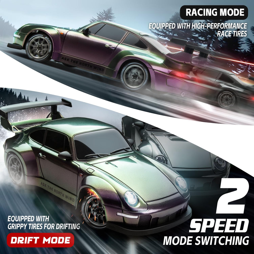 Cayrzeth RC drift car drifting tires mounted for smooth slides on indoor surfaces.