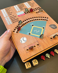 CBLKUS wooden baseball pieces and dice laid out for quick learning and setup