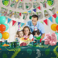 Cecnamt dinosaur tablecloth protects surfaces and ties the theme together