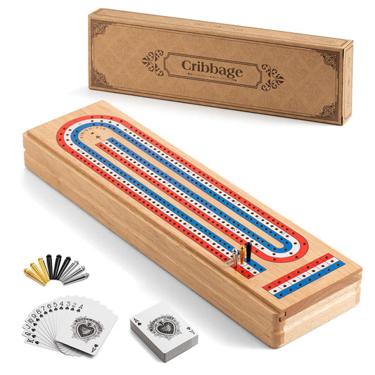 Ceebyfa cribbage board with 3-track layout for two to four players, ideal for family game nights.
