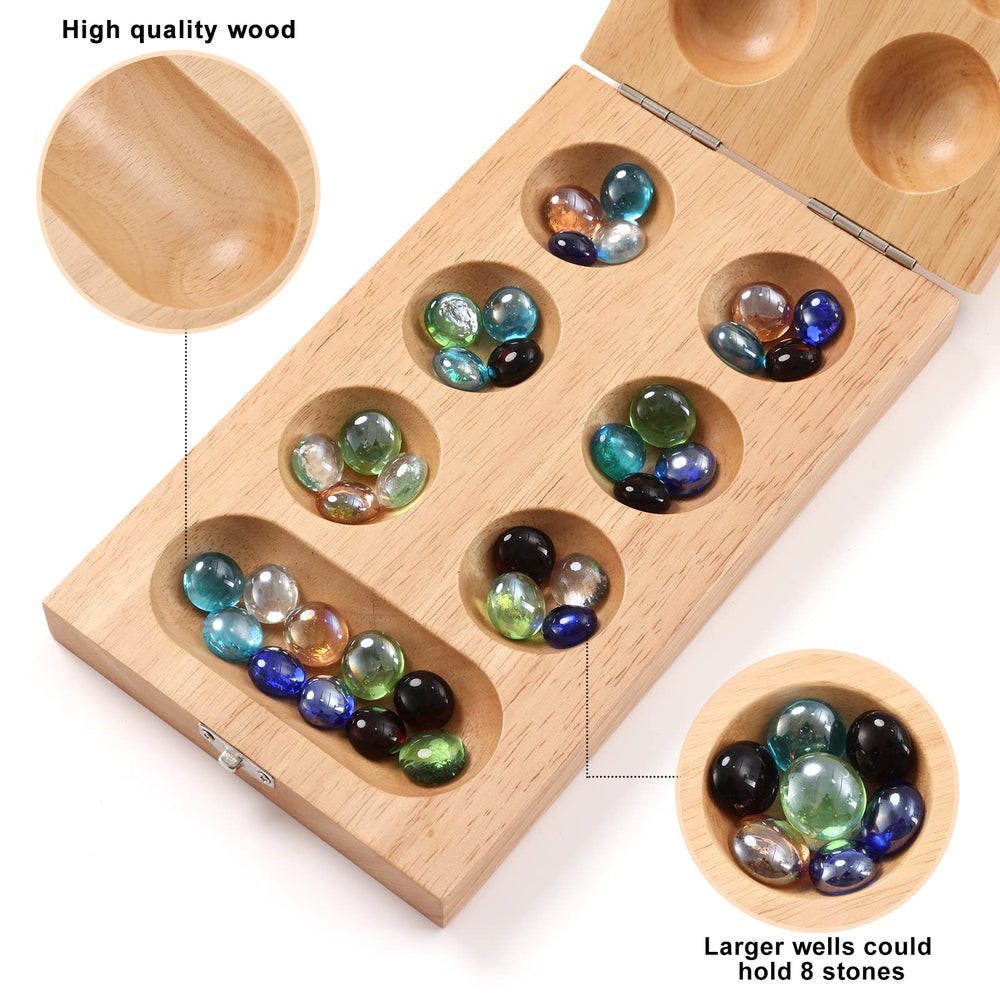 Ceebyfa Mancala board with secure latch keeps stones safely during travel