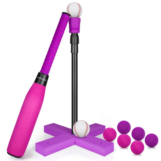 CeleMoon adjustable tee height foam baseball set in pink for growing kids.