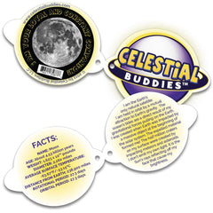 Celestial Buddies Moon Buddy educational tag with Moon facts for learning at home and class.