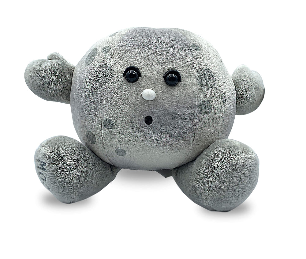 Celestial Buddies Moon Buddy front view showing soft lunar plush for cozy hugs.