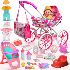 Cewuky Baby Doll Stroller Set stroller in motion with smooth wheels for versatile play indoors and outdoors.