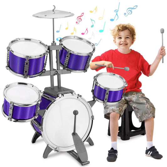CHADRIGIVS Kids Jazz Drum Set with Stool, safe beginner-friendly setup