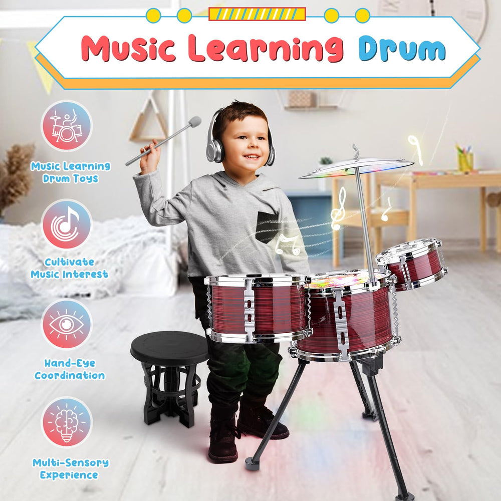 CHADRIGIVS toddler drum kit with three drums and cymbal supports rhythm basics.