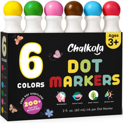 Chalkola six-washable dot markers in vibrant colors for mess-free toddler art.