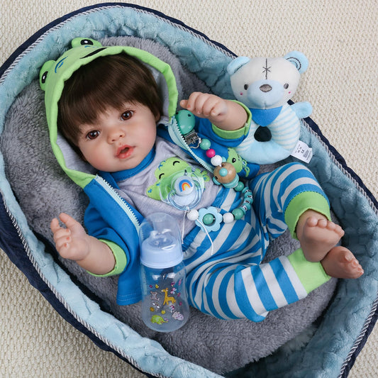 CHAREX lifelike reborn boy doll in blue dinosaur hoodie for imaginative play