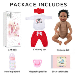 CHAREX Reborn black doll packaging in gift box with accessories.