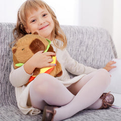 CHDBLOCK hamburger capybara plush in hands, comforting companion during downtime