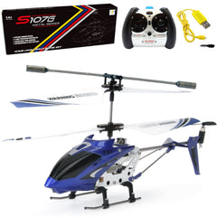 Cheerwing S107G Phantom blue mini helicopter in flight with gyro stability.