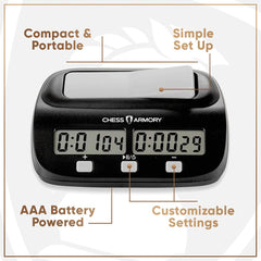 Chess Armory Digital Chess Clock side panel for easy setup and mode changes.