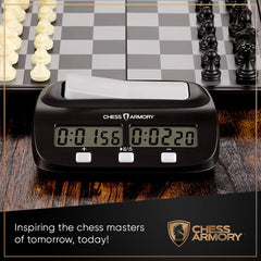 Chess Armory Digital Chess Clock side angle showing its compact, travel-ready design.