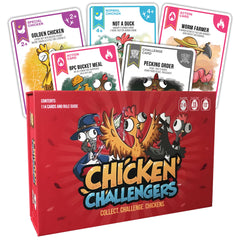 Chicken Challengers card game cover with vibrant art inviting family game night fun.