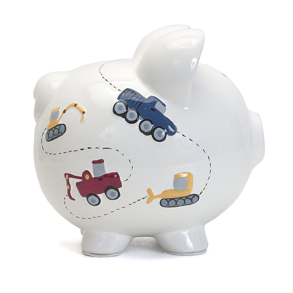 Child to Cherish construction truck piggy bank top view emphasizes playful craft.