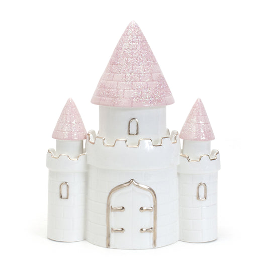 Child to Cherish Dream Big Princess Castle piggy bank with pink glaze, inviting saving.