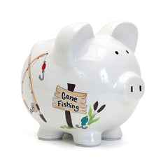 Child to Cherish Gone Fishing piggy bank, front view, glossy glaze for stylish savings.
