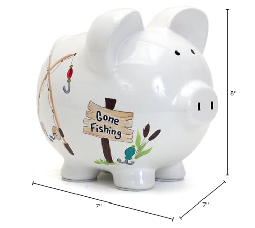 Child to Cherish Gone Fishing piggy bank, nursery decor display suitable as a gift.