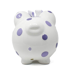 Child to Cherish piggy bank with purple polka dots highlights display-friendly 8x7 inch size.