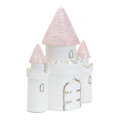Child to Cherish pink ceramic piggy bank featuring castle design, ideal for saving.