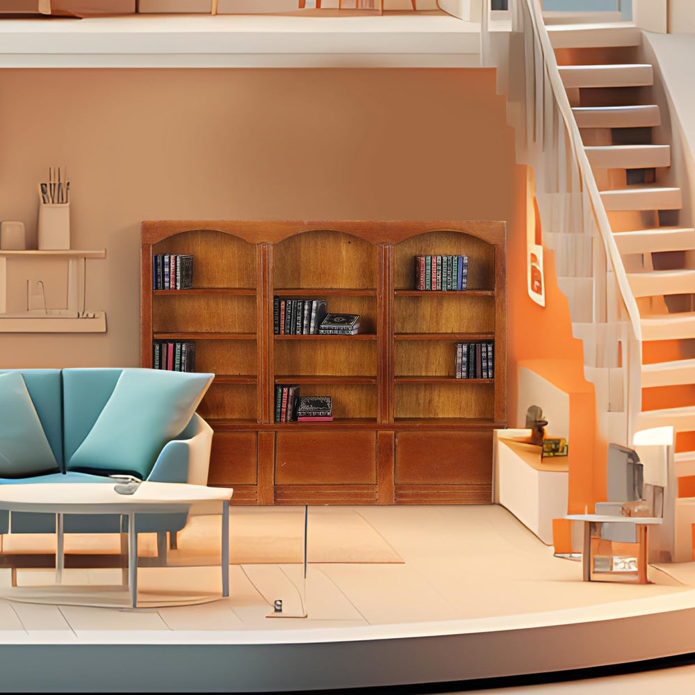 Chivertion walnut bookshelf with four shelves for refined dollhouse styling.