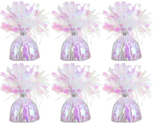 Chochkees pink iridescent balloon weights secure balloons for six-pack party setups.