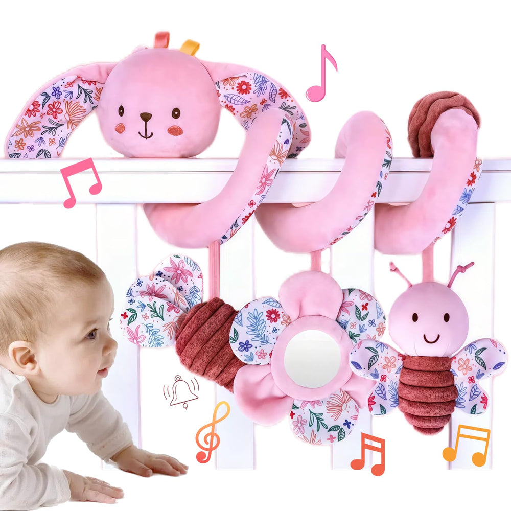 Chochumy Spiral Car Seat Toy bunny hanging for baby, supports visual tracking during car rides