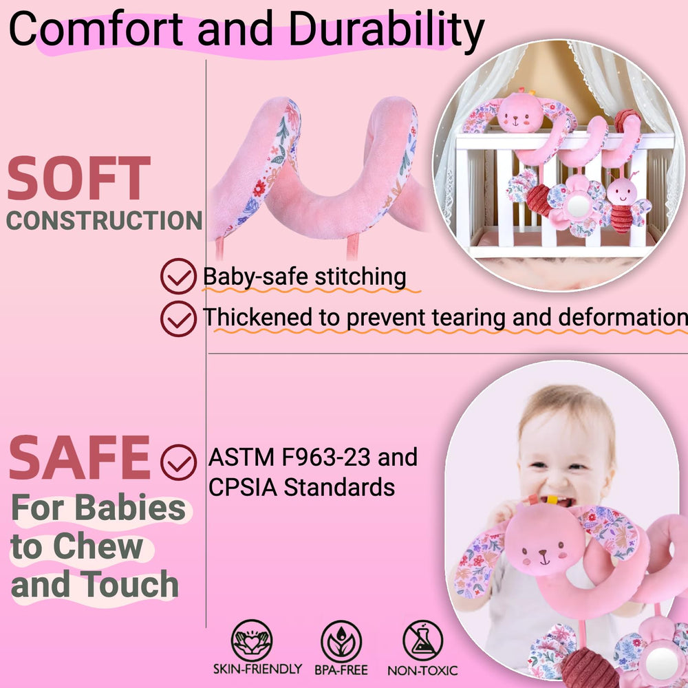 Chochumy Spiral Car Seat Toy mixed fabrics, rich tactile variety sparks curiosity on the go
