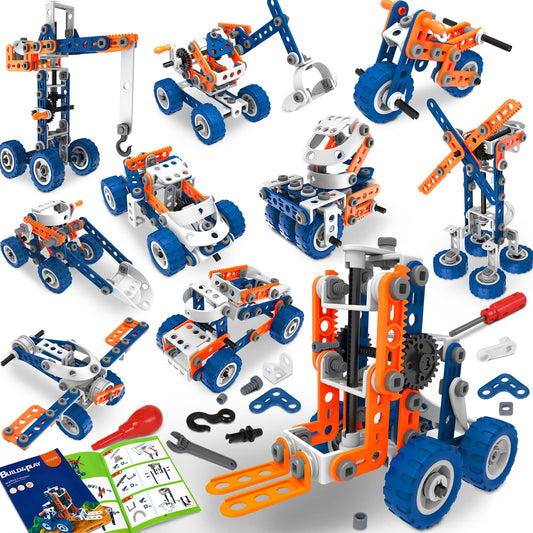 Choopheme 12-in-1 stem toy kit with vehicles in progress improve fine motor skills.