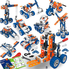 Choopheme 12-in-1 stem toy kit with vehicles in progress improve fine motor skills.