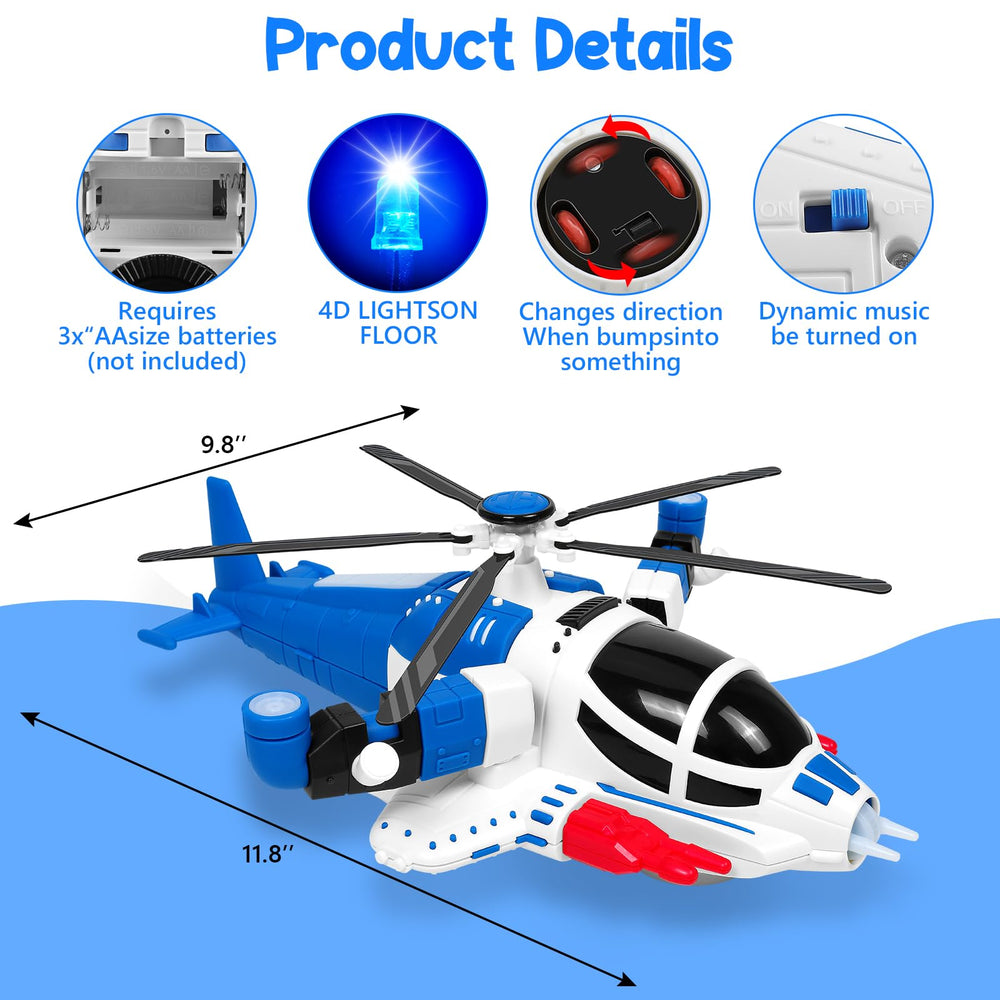 Choopheme helicopter toy unfolds wings for automatic transformation during play.