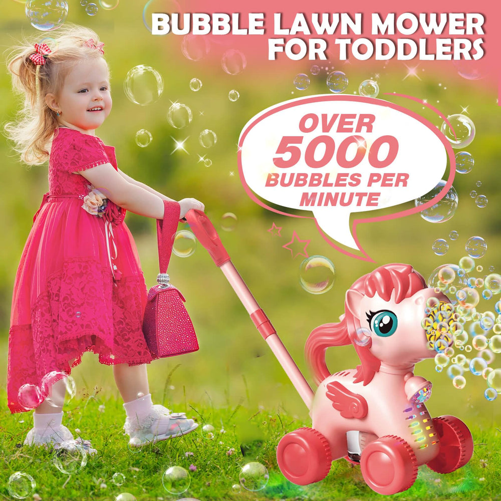 Chridark Unicorn Bubble Lawn Mower creates bubbles for group fun