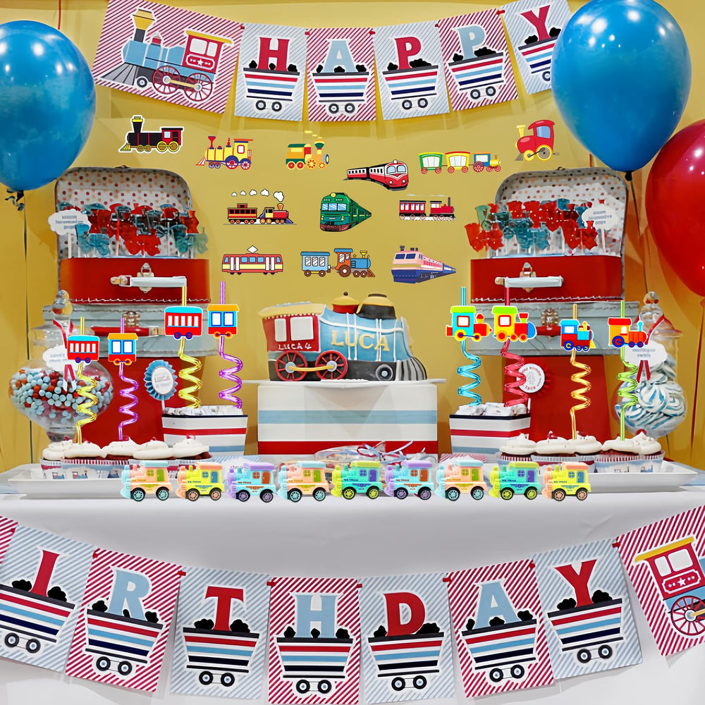 CHSLtmxq party decor set creates cohesive train theme and energy.