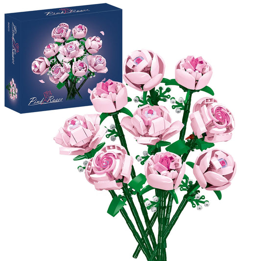 CHUANGPIN Flowers Building Set shows adults assembling pink roses for decorative display.