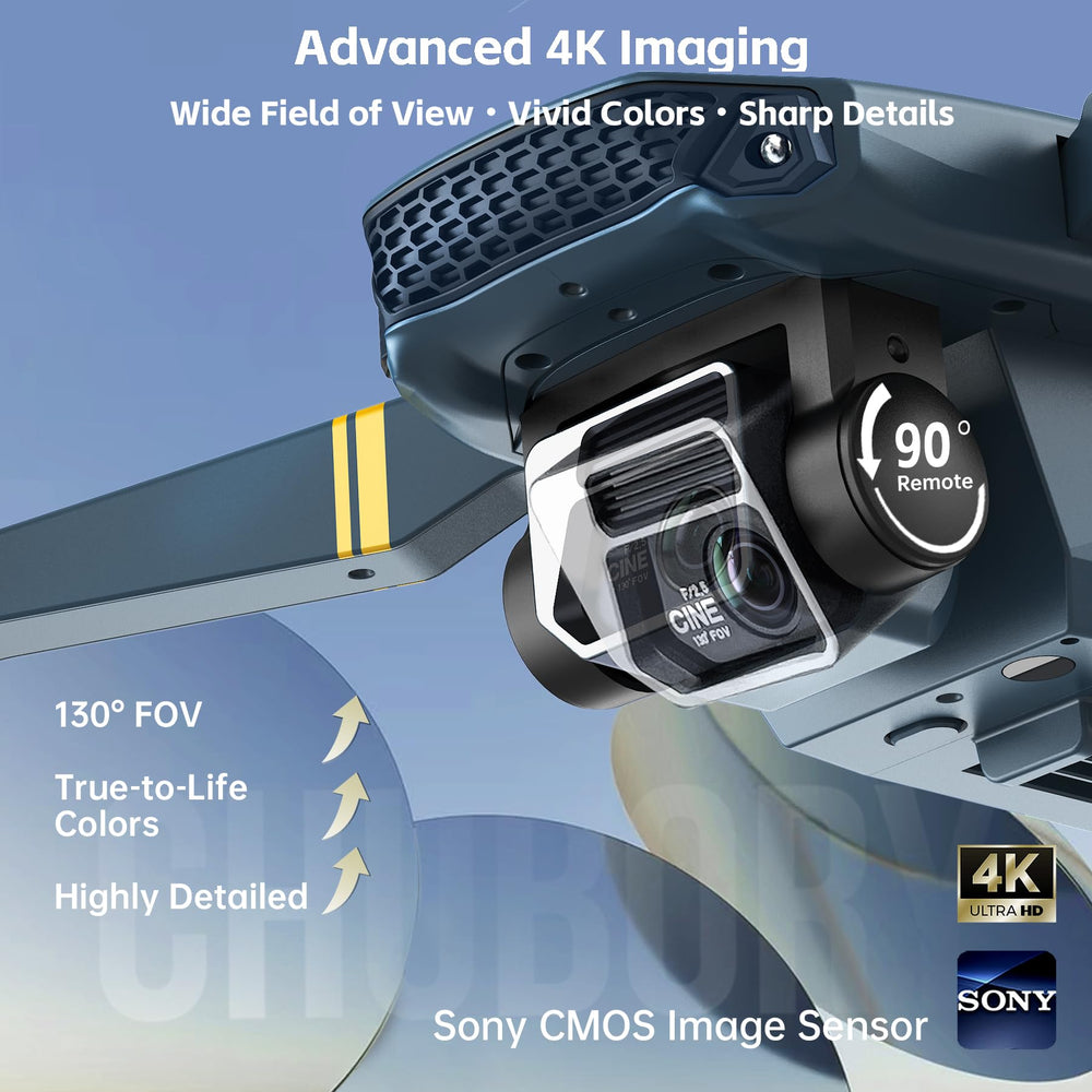 CHUBORY drone with 3 batteries enables extended flight time.