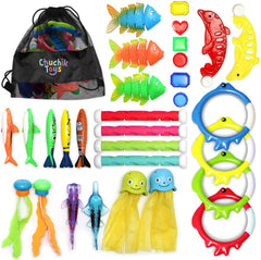 Chuchik diving sticks underwater aiding kids' retrieval practice in the pool
