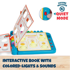 Chuckle & Roar open pages displaying multiple color panels and English and Spanish labels for learning
