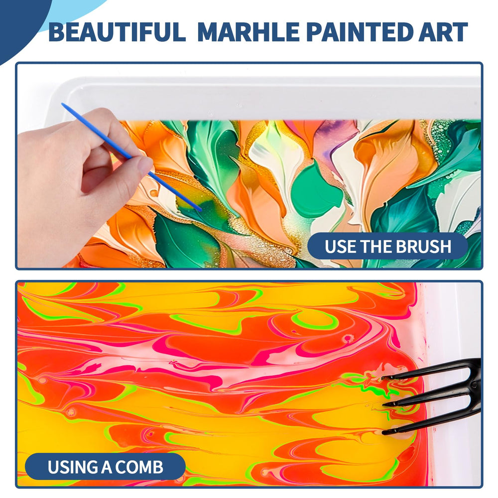 Kids explore marbling on paper after transferring from water